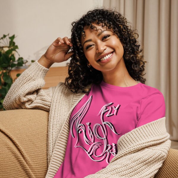 womens-relaxed-t-shirt-berry-front-65ad5ba47d284.jpg Women's Relaxed Fly high or Swim Custom T-Shirt
