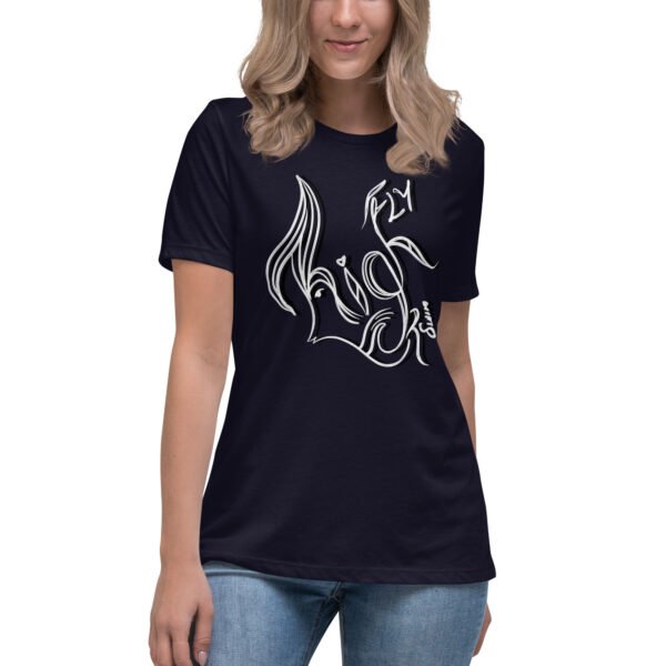 womens-relaxed-t-shirt-navy-front-65ad5ba47ddf0.jpg Women's Relaxed Fly high or Swim Custom T-Shirt